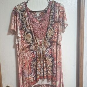 Boho Paisley V-Neck Flutter Sleeve Tunic in Rust Pink